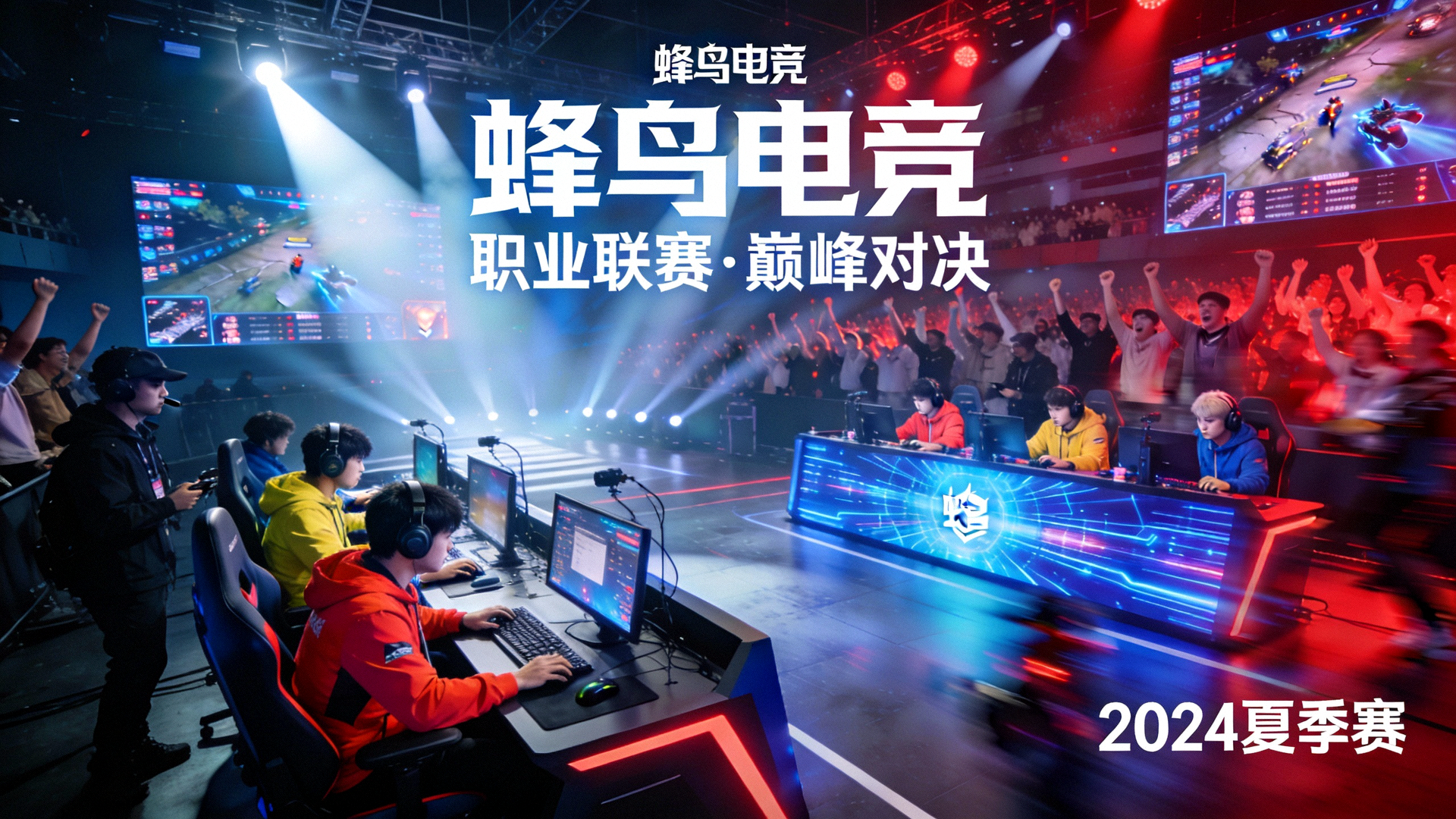 蜂鸟电竞主横幅 - 电竞比赛现场，选手在聚光灯下激烈对抗的宏大场景